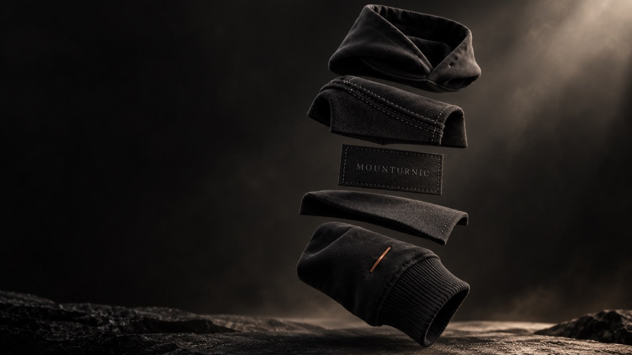 The parts of a black hoodie separated in mid air — hood, shoulder panel, a MOUNTURNIC label, sleeve and cuff.