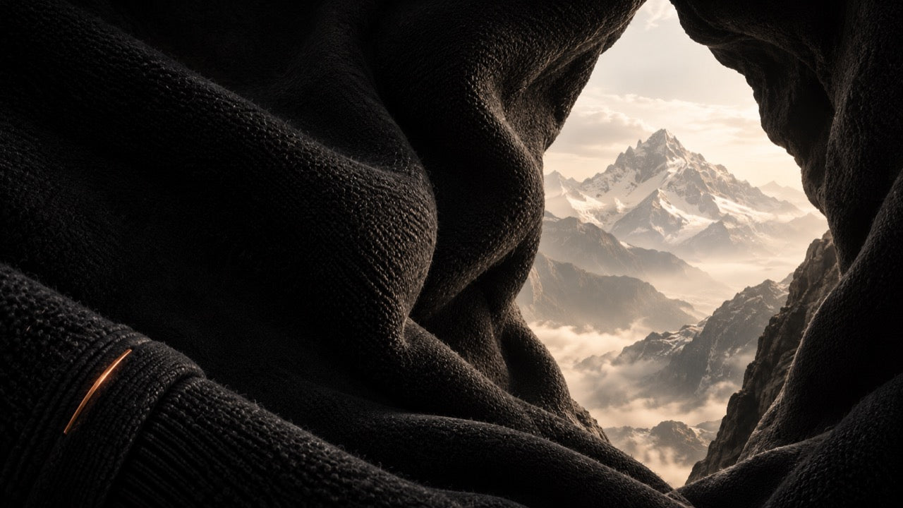 Folds of black knit opening onto a snow-covered mountain range above cloud, with a copper cuff detail in the foreground.